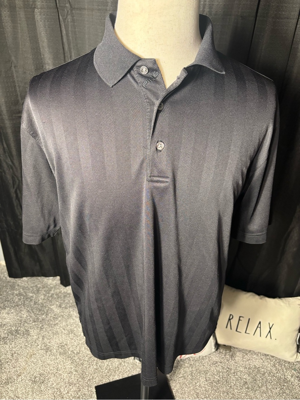 Ping Men's Dark Charcoal Polo with Subtle Diagonal Stripe - Size Large